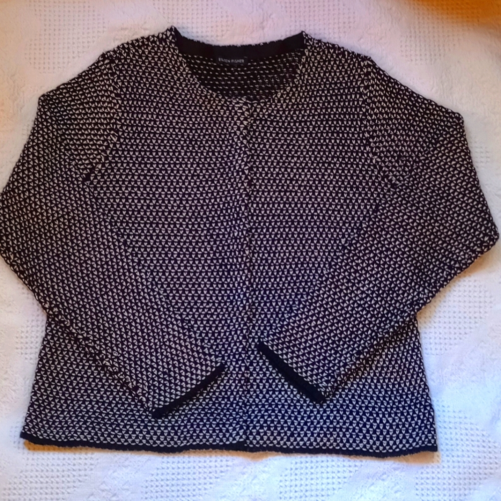 Eileen Fisher Organic Linen   Blend Hidden Snap Black White Knit Cardigan SZ L - Picture 3 of 11